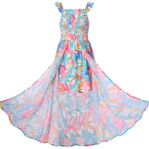 image:imageGRACE KARIN Girls Hawaiian Floral Smocked Dresses Girl Flutter Sleeve Spring Summer Dress Kids Easter Maxi Long DressesBlue Leaves