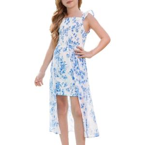 image:imageGRACE KARIN Girls Hawaiian Floral Smocked Dresses Girl Flutter Sleeve Spring Summer Dress Kids Easter Maxi Long DressesBlue and White