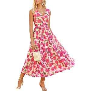 image:imageGRACE KARIN Womens Summer Sleeveless Floral Maxi Dress V Neck Formal Wedding Guest Dress A Line Beach Vacation ClothesPink Floral