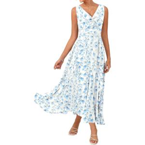 image:imageGRACE KARIN Womens Summer Sleeveless Floral Maxi Dress V Neck Formal Wedding Guest Dress A Line Beach Vacation ClothesWhite Blue