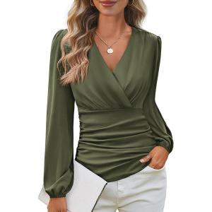 image:imageGRACE KARIN Long Sleeve Blouses for Women Dressy Casual Wrap Tops Work Shirts 2026 Summer Business OutfitsArmy Green