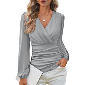 image:imageGRACE KARIN Long Sleeve Blouses for Women Dressy Casual Wrap Tops Work Shirts 2026 Summer Business OutfitsLight Grey