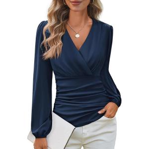 image:imageGRACE KARIN Long Sleeve Blouses for Women Dressy Casual Wrap Tops Work Shirts 2026 Summer Business OutfitsNavy Blue