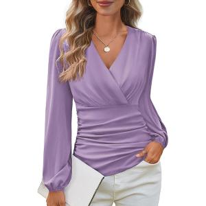 image:imageGRACE KARIN Long Sleeve Blouses for Women Dressy Casual Wrap Tops Work Shirts 2026 Summer Business OutfitsPink Purple