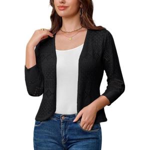 image:imageGRACE KARIN Women Lightweight Cardigan 34 Sleeve Cropped Crochet Bolero Shrug Summer Open Front Knit Sweaters for DressBlack