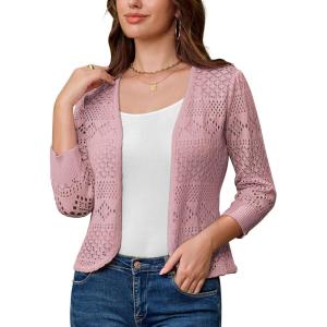 image:imageGRACE KARIN Women Lightweight Cardigan 34 Sleeve Cropped Crochet Bolero Shrug Summer Open Front Knit Sweaters for DressGray Pink