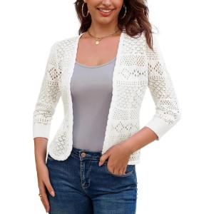 image:imageGRACE KARIN Women Lightweight Cardigan 34 Sleeve Cropped Crochet Bolero Shrug Summer Open Front Knit Sweaters for DressIvory White