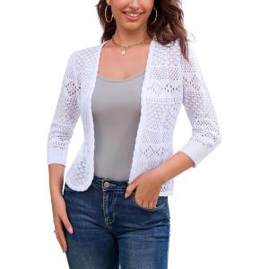 image:imageGRACE KARIN Women Lightweight Cardigan 34 Sleeve Cropped Crochet Bolero Shrug Summer Open Front Knit Sweaters for DressWhite