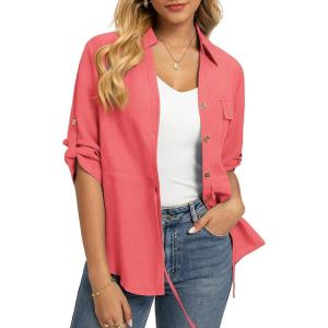 image:imageGRACE KARIN Womens Button Down Dressy Shirts 34 Sleeve Stylish Collared Office Work Tops with PocketCoral Powder