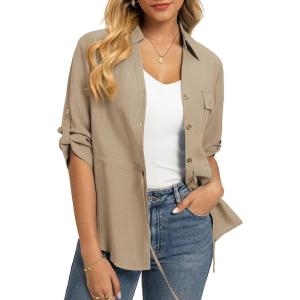 image:imageGRACE KARIN Womens Button Down Dressy Shirts 34 Sleeve Stylish Collared Office Work Tops with PocketKhaki