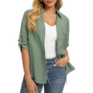 image:imageGRACE KARIN Womens Button Down Dressy Shirts 34 Sleeve Stylish Collared Office Work Tops with PocketLight Green