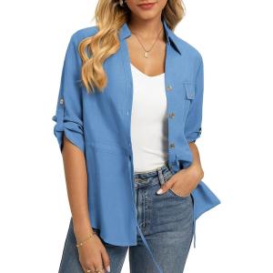 image:imageGRACE KARIN Womens Button Down Dressy Shirts 34 Sleeve Stylish Collared Office Work Tops with PocketSky Blue