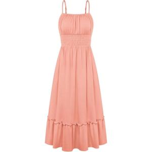 image:imageGRACE KARIN Womens Summer Maxi Dress 2026Smocked Ruched Bust Sundress with Adjustable Straps amp PocketsBeach Vacation DressCoral