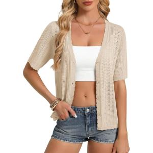 image:imageGRACE KARIN Short Sleeve Summer Cardigan Sweaters for Women 2026 Lightweight Shrug Crochet Beach Cover UpsBeige