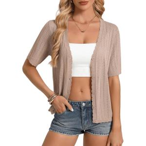 image:imageGRACE KARIN Short Sleeve Summer Cardigan Sweaters for Women 2026 Lightweight Shrug Crochet Beach Cover UpsKhaki