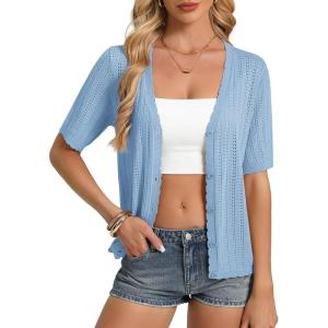 image:imageGRACE KARIN Short Sleeve Summer Cardigan Sweaters for Women 2026 Lightweight Shrug Crochet Beach Cover UpsLight Blue