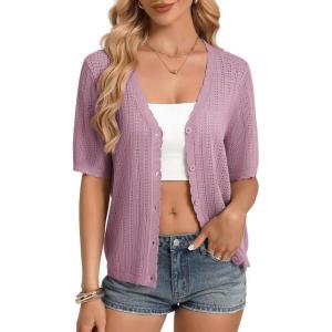 image:imageGRACE KARIN Short Sleeve Summer Cardigan Sweaters for Women 2026 Lightweight Shrug Crochet Beach Cover UpsLight Purple
