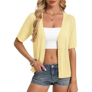 image:imageGRACE KARIN Short Sleeve Summer Cardigan Sweaters for Women 2026 Lightweight Shrug Crochet Beach Cover UpsLight Yellow