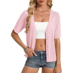 image:imageGRACE KARIN Short Sleeve Summer Cardigan Sweaters for Women 2026 Lightweight Shrug Crochet Beach Cover UpsPink