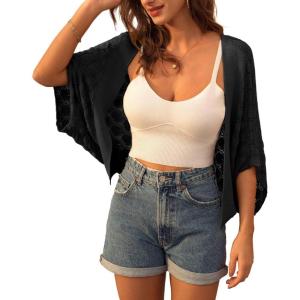 image:imageGRACE KARIN Summer Cropped Cardigan for Women 2026 Batwing Sleeve Crochet Bolero Shrug Sweaters Lightweight Beach Boho KimonoBlack