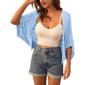 image:imageGRACE KARIN Summer Cropped Cardigan for Women 2026 Batwing Sleeve Crochet Bolero Shrug Sweaters Lightweight Beach Boho KimonoBlue