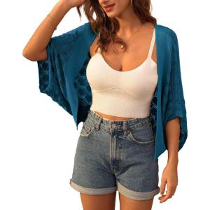 image:imageGRACE KARIN Summer Cropped Cardigan for Women 2026 Batwing Sleeve Crochet Bolero Shrug Sweaters Lightweight Beach Boho KimonoDark Blue