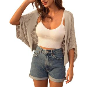 image:imageGRACE KARIN Summer Cropped Cardigan for Women 2026 Batwing Sleeve Crochet Bolero Shrug Sweaters Lightweight Beach Boho KimonoKhaki