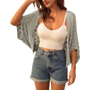 image:imageGRACE KARIN Summer Cropped Cardigan for Women 2026 Batwing Sleeve Crochet Bolero Shrug Sweaters Lightweight Beach Boho KimonoLight Grey