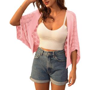 image:imageGRACE KARIN Summer Cropped Cardigan for Women 2026 Batwing Sleeve Crochet Bolero Shrug Sweaters Lightweight Beach Boho KimonoLight Pink