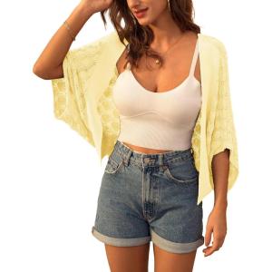 image:imageGRACE KARIN Summer Cropped Cardigan for Women 2026 Batwing Sleeve Crochet Bolero Shrug Sweaters Lightweight Beach Boho KimonoPastel Yellow