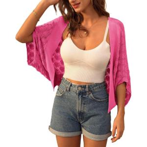 image:imageGRACE KARIN Summer Cropped Cardigan for Women 2026 Batwing Sleeve Crochet Bolero Shrug Sweaters Lightweight Beach Boho KimonoRose Red