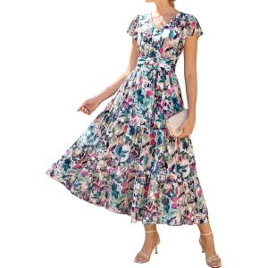 image:imageGRACE KARIN 2026 Women Summer DressMaxi Short Sleeve Floral DressesSemi Formal Flowy Wedding Guest Dress with PocketDark Green Dense Dotted Flowers