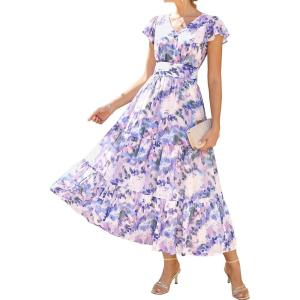 image:imageGRACE KARIN 2026 Women Summer DressMaxi Short Sleeve Floral DressesSemi Formal Flowy Wedding Guest Dress with PocketPurple Dotted Flowers