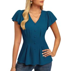 image:imageGRACE KARIN Summer Blouses for Women Dressy Casual 2026 Ruffle Sleeve Peplum Tops Business Work Shirt Fashion ClothingBlue