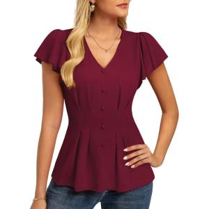 image:imageGRACE KARIN Summer Blouses for Women Dressy Casual 2026 Ruffle Sleeve Peplum Tops Business Work Shirt Fashion ClothingBurgundy