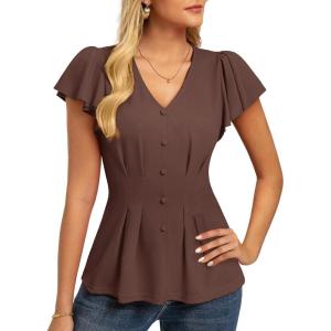 image:imageGRACE KARIN Summer Blouses for Women Dressy Casual 2026 Ruffle Sleeve Peplum Tops Business Work Shirt Fashion ClothingCoffee