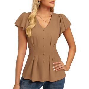 image:imageGRACE KARIN Summer Blouses for Women Dressy Casual 2026 Ruffle Sleeve Peplum Tops Business Work Shirt Fashion ClothingKhaki