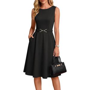 image:imageGRACE KARIN Womens Summer Work Dress 2026 Sleeveless Crewneck A Line Midi Dresses Belted Flowy Business Dresses with PocketsBlack