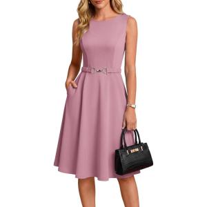 image:imageGRACE KARIN Womens Summer Work Dress 2026 Sleeveless Crewneck A Line Midi Dresses Belted Flowy Business Dresses with PocketsGray Pink