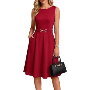image:imageGRACE KARIN Womens Summer Work Dress 2026 Sleeveless Crewneck A Line Midi Dresses Belted Flowy Business Dresses with PocketsRed