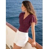 image:imageGRACE KARIN 2026 Womens Mesh Tops Summer Ruffle Sleeve Dressy Casual Top Floral Wrap Blouse Fashion OutfitsWine Red
