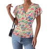 image:imageGRACE KARIN 2026 Womens Mesh Tops Summer Ruffle Sleeve Dressy Casual Top Floral Wrap Blouse Fashion OutfitsGreen Pink