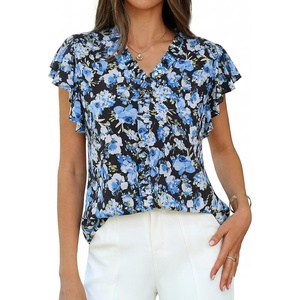 image:imageGRACE KARIN 2026 Boho Tops for Women Dressy CasualRuffle Sleeve Chiffon Blouses Floral ShirtsV Neck Summer Fashion ClothesBlue Black