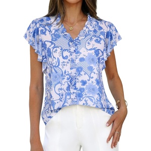 image:imageGRACE KARIN 2026 Boho Tops for Women Dressy CasualRuffle Sleeve Chiffon Blouses Floral ShirtsV Neck Summer Fashion ClothesBlue White