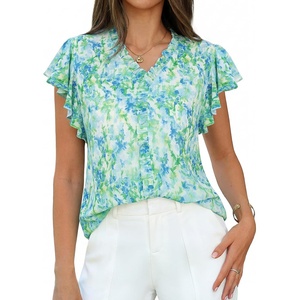 image:imageGRACE KARIN 2026 Boho Tops for Women Dressy CasualRuffle Sleeve Chiffon Blouses Floral ShirtsV Neck Summer Fashion ClothesGreen