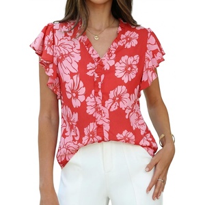 image:imageGRACE KARIN 2026 Boho Tops for Women Dressy CasualRuffle Sleeve Chiffon Blouses Floral ShirtsV Neck Summer Fashion ClothesRed Pink