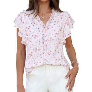 image:imageGRACE KARIN 2026 Boho Tops for Women Dressy CasualRuffle Sleeve Chiffon Blouses Floral ShirtsV Neck Summer Fashion ClothesWhite Flower