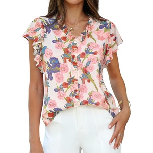 image:imageGRACE KARIN 2026 Boho Tops for Women Dressy CasualRuffle Sleeve Chiffon Blouses Floral ShirtsV Neck Summer Fashion ClothesWhite Pink