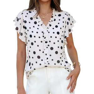 image:imageGRACE KARIN 2026 Boho Tops for Women Dressy CasualRuffle Sleeve Chiffon Blouses Floral ShirtsV Neck Summer Fashion ClothesWhite Polka Dot
