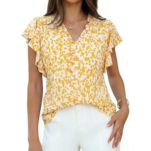 image:imageGRACE KARIN 2026 Boho Tops for Women Dressy CasualRuffle Sleeve Chiffon Blouses Floral ShirtsV Neck Summer Fashion ClothesYellow